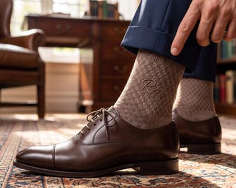 Textured Pattern Socks Monogram, Embroidered Initials Bamboo Dress Socks, Present for Men