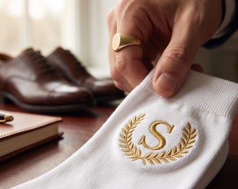 Laurel Wreath Monogram Socks, Embroidered Single Initial, White Bamboo Dress Socks Present