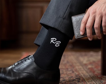 Script Initials Socks, Embroidered Cursive Monogram, Bamboo Dress Socks Present for Men