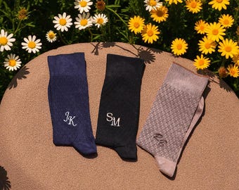 Custom Embroidered Monogram Socks for Men • Personalized Cotton Crew Dress Socks • Unique Initial Gift for Groomsmen, Dad or Husband