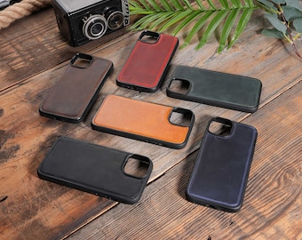 Handmade Leather iPhone 14 Case, Rubber Protective Cover, Rustic Phone Accessory, 6 Colors