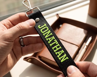 Personalized Embroidered Keychain, Custom Name Wristlet, Fabric Key Ring, Backpack Tag, Gift Him Her
