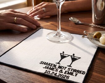 Personalized Embroidered Coaster, Shaken Not Stirred Design, Custom Wedding Names Date, Couple Gift