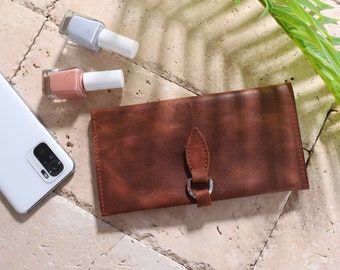 Handmade Leather Women’s Wallet, Phone Holder, Coin Pocket, Long Clutch Organizer, 6 Colors