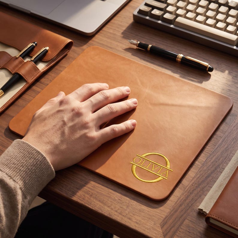 Op de afbeelding: Een rechthoekige lichtbruine leren muismat met een goudkleurig cirkelvormig embleem waarin de naam OLIVIA in het midden is gegraveerd. De muismat ligt op een houten bureau naast een zwarte vulpen, een toetsenbord en een leren pennenetui.