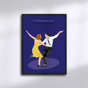 Puede incluir: Una ilustración digital de una pareja bailando. El hombre lleva una camisa blanca y pantalones negros. La mujer lleva un vestido amarillo. El fondo es de color azul oscuro. El texto "I'm always gonna love you. I'm always gonna love you, too." está escrito en blanco en la imagen.