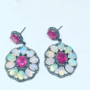 Natural Ethiopian Opal & Ruby Gemstone Earrings Real Diamond Pave Setting Earrings Handmade setting 925 Sold Silver. Anniversary party Gift