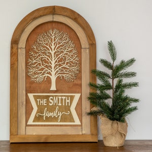 ALBERO GENEALOGICO, Nome di famiglia personalizzato, Agriturismo, Rustico, Decorazione artistica da parete ad arco, Grande insegna con cornice in legno, Stile cottage in fattoria, vintage