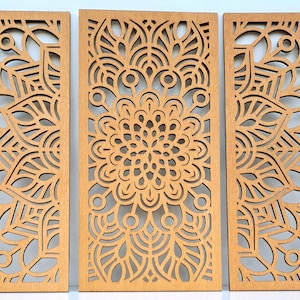 BOHEMIAN WALL ART decor, mandala set of 3, wooden,large modern decor,3D wall accent, screen, decorative wooden panels,fretwork,carved panels