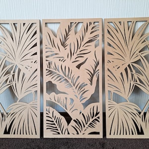 3D Tropical,large wall art decor, set of 3, palm, jungle,decorative wooden panels, fretwork pendant, wall hanging, screen, openwork ornament