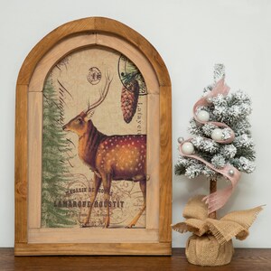 CERVO, DECORAZIONE da parete, Arte natalizia, Albero di Natale, Insegna con cornice in legno, Foresta, Fattoria, Decorazione da parete rustica, Stile cottage da fattoria, Finestra ad arco