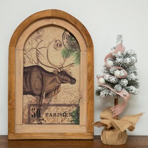 CERVO, DECORAZIONE MURALE, Arte di Natale, Segno incorniciato in legno, Arco, Albero di Natale, Foresta, Agriturismo, Decorazione artistica murale rustica, Stile cottage in fattoria,