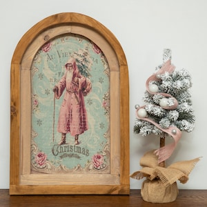 SANTA Wall Art DECOR, Christmas Tree ,Xmas Wall Decor,Farmhouse, Rustic Wall Art Decor, Farm Cottage Style, Arched Window,wooden linen frame