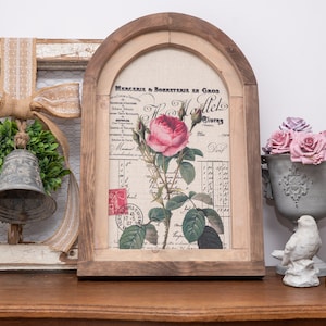 SPRING ROSE, FLOWERS, French Vintage Chic, Wood Framed Sign, Rustic Wall Art Decor, Shabby chic, French Style . Cottage Style, Arch Window
