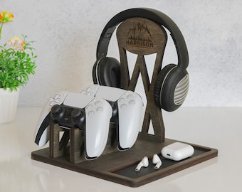 Support pour contrôleur et casque en bois personnalisé, organisateur de jeu