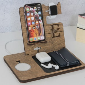 Houten laadstation met MagSafe Dock - Perfect voor elk bureau of nachtkastje, zodat uw werkruimte opgeruimd blijft l Cadeau voor hem l Tech Gift