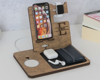 Wooden Charging Station with MagSafe Dock - Perfect for any desk or nightstand, Keeping your workspace clutter l Gift For Him l Tech Gift