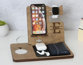 Charging Dock Organizer Tray for All your Apple Devices, Wood Tray,  Wood Desk Organizer, Personalized Gift, Custom Charging Dock