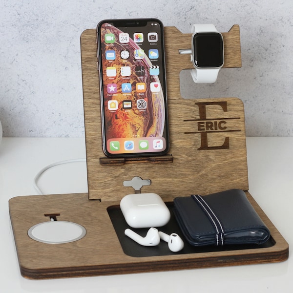 Station de charge MagSafe et Apple Watch pour plusieurs appareils Magsafe, organiseur de bureau, station d'accueil personnalisée, bloc de charge en bois