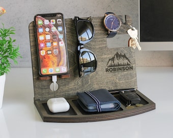 Personalized Wooden Organizer l Wood Phone Holder l Wood Docking Station l Nightstand organizer for men l Mens custom wallet stand