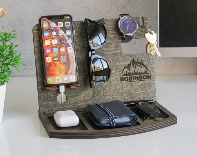 Personalized Wooden Organizer l Wood Phone Holder l Wood Docking Station l Nightstand organizer for men l Mens custom wallet stand
