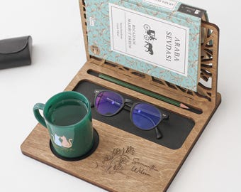 Personalized Wooden Book Stand with Coffee Cup Holder | Handmade Gift