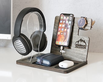 Support d’écouteur en bois, Cadeau d’anniversaire, Accessoires Hadphone, Station d’accueil noire, Cadeau de 21e anniversaire, Cadeau de 18e anniversaire, Cadeau de remise des diplômes