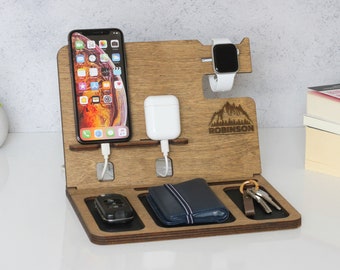 Apple Watch Charger, 3 in 1 Docking Station with Organizer, Personalized iPhone Dock, and AirPods Docking, Desk Organizer, Wooden Airpods