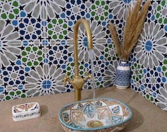 Moroccan sink-Handmade Moroccan Oval Ceramic Sink-Handcrafted Moroccan Turquoise Orange Ceramic Oval Vessel Sink-Ceramic washbasin-Oval Sink