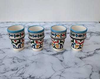 Moroccan Cups – Ceramic Cups – Handmade Moroccan Ceramic Cups – Multicolor Geometric Beldi Tea Glasses – Multicolor Floral Ceramic Goblets