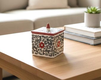 Handmade Moroccan Ceramic Square Trinket Box – Black And Red Floral Jewelry Keeper – Moroccan Ceramic Box – Vibrant Geometric Jewelry Keeper