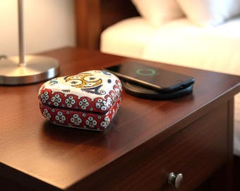 Moroccan Ceramic Box – Red Floral Jewelry Keeper – Handmade Moroccan Ceramic Heart Trinket Box–Moroccan Trinket Box–Fez Pottery Keepsake Box