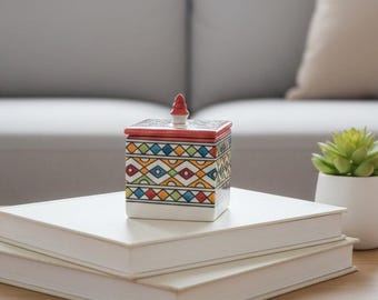 Multicolor Geometric Jewelry Keeper –Handmade Moroccan Ceramic Rectangular Trinket Box–Moroccan Ceramic Box–Vibrant Geometric Jewelry Keeper