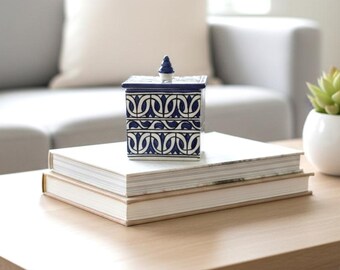 Blue And White Geometric Jewelry Keeper – Moroccan Ceramic Square Trinket Box – Moroccan Ceramic Box – Vibrant Geometric Jewelry Keeper
