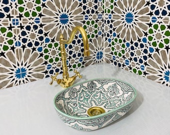 Moroccan Ceramic Sink-Hand-Painted Bathroom Vessel-Moroccan ceramic sink-Moroccan Ceramic Basin Sink-Artisan Handcrafted Moroccan Pattern
