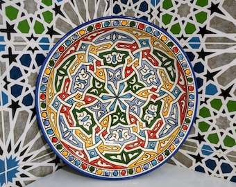 Assiette marocaine peinte à la main - Plat en céramique de Fès multicolore - Art mural géométrique ou décoration de table - Assiette marocaine poterie de Fès - Plat en céramique - ScayFez
