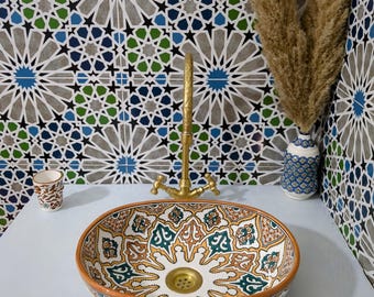 Moroccan sink-Handmade Moroccan Oval Ceramic Sink-Oval vessel sink-Multicolor Geometric Design-Handmade ceramic-Ceramic washbasin-Free Gift
