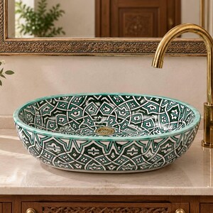 Ceramic Sink, Moroccan Handpainted Ceramic Sink, Forest Green White Oval Vessel Basin, Dense Geometric Star Arabesque Countertop Sink