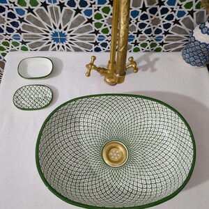 Moroccan Ceramic Basin Sink-Artisan Handcrafted Moroccan Pattern-Green Oval Ceramic Basin Sink-Artisan Design-Handcrafted Bathroom Decor image 6