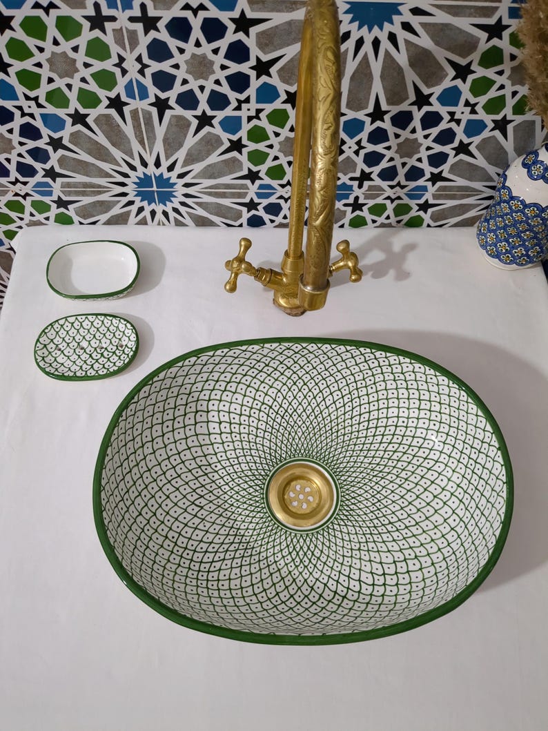 Moroccan Ceramic Basin Sink-Artisan Handcrafted Moroccan Pattern-Green Oval Ceramic Basin Sink-Artisan Design-Handcrafted Bathroom Decor image 6