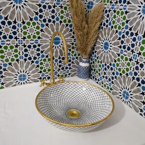 Lavabo in ceramica marocchina - Lavabo da bagno - Lavabo in ceramica con bordo in rame - Lavandino in ceramica - Lavandino da bagno dipinto a mano - Lavandino in ceramica artigianale immagine 17
