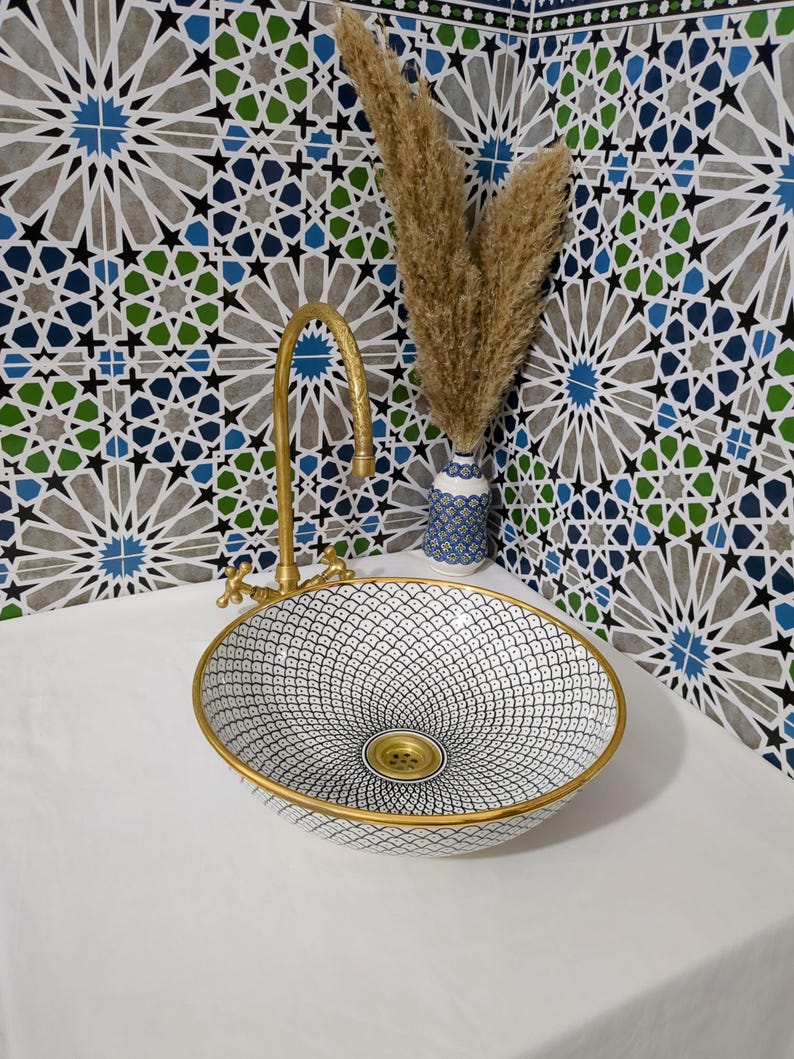 Lavabo in ceramica marocchina - Lavabo da bagno - Lavabo in ceramica con bordo in rame - Lavandino in ceramica - Lavandino da bagno dipinto a mano - Lavandino in ceramica artigianale immagine 17