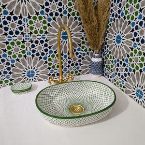 Moroccan Ceramic Basin Sink-Artisan Handcrafted Moroccan Pattern-Green Oval Ceramic Basin Sink-Artisan Design-Handcrafted Bathroom Decor image 3
