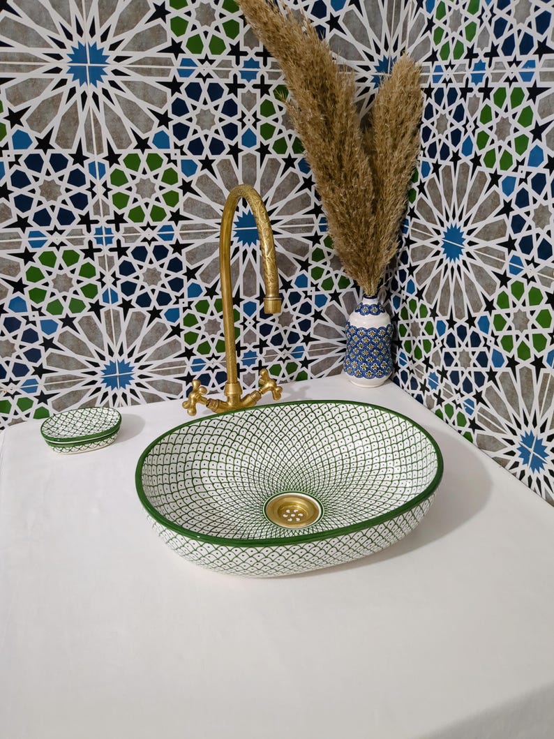 Moroccan Ceramic Basin Sink-Artisan Handcrafted Moroccan Pattern-Green Oval Ceramic Basin Sink-Artisan Design-Handcrafted Bathroom Decor image 3