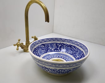 Ceramic Sink–Hand-Painted Blue And White Vessel Basin–Moroccan Ceramic Sink–Artisan Bathroom Sink–Ceramic Basin–Vessel Sink–Handmade Sink