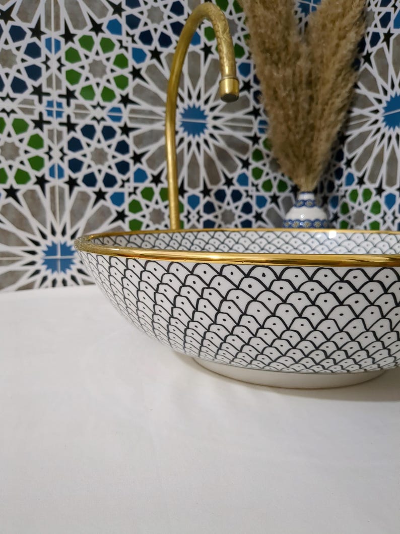 Lavabo in ceramica marocchina - Lavabo da bagno - Lavabo in ceramica con bordo in rame - Lavandino in ceramica - Lavandino da bagno dipinto a mano - Lavandino in ceramica artigianale immagine 13