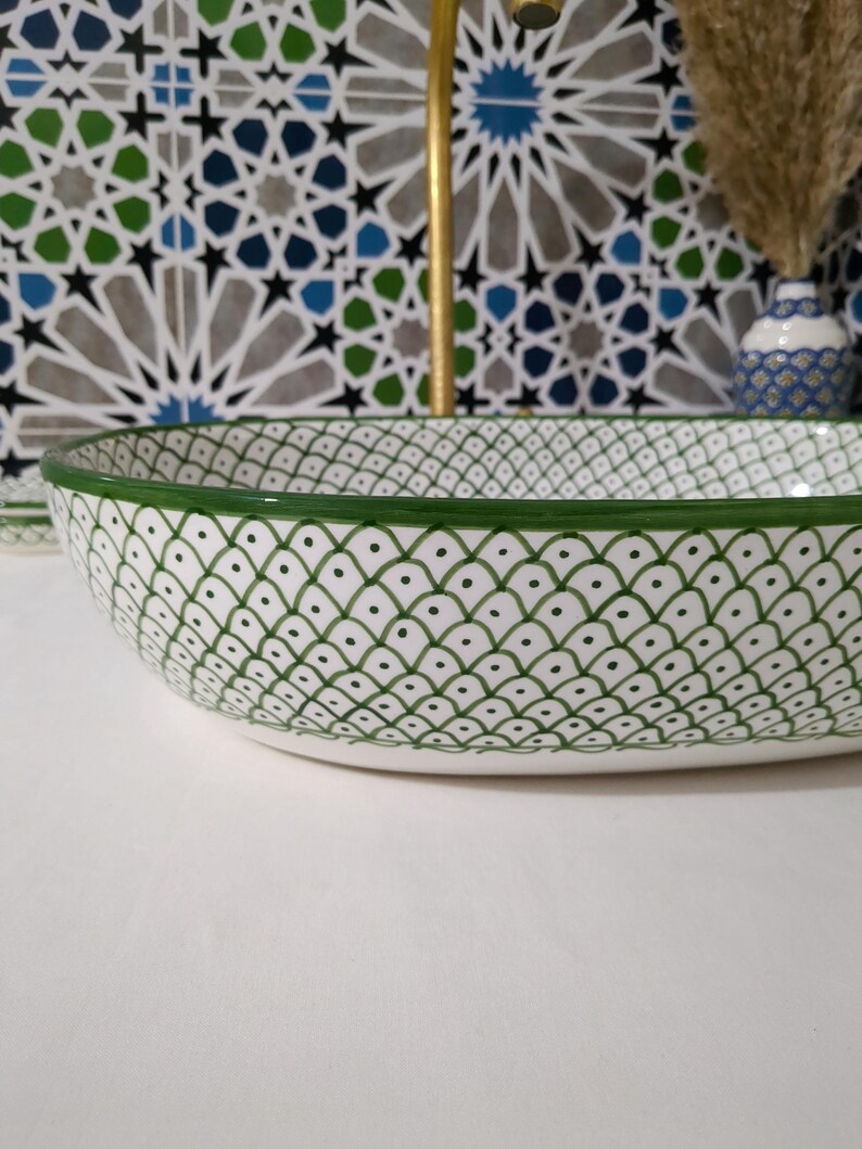 Moroccan Ceramic Basin Sink-Artisan Handcrafted Moroccan Pattern-Green Oval Ceramic Basin Sink-Artisan Design-Handcrafted Bathroom Decor image 12