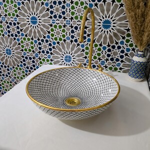 Lavabo in ceramica marocchina - Lavabo da bagno - Lavabo in ceramica con bordo in rame - Lavandino in ceramica - Lavandino da bagno dipinto a mano - Lavandino in ceramica artigianale immagine 9