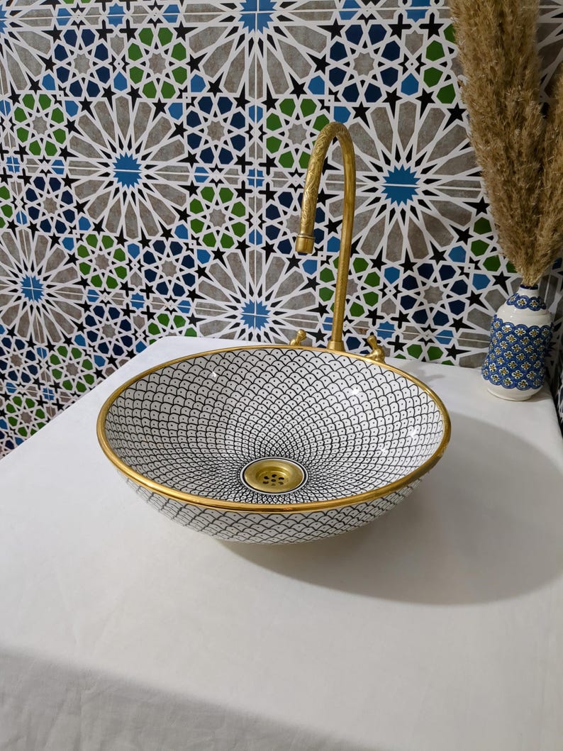 Lavabo in ceramica marocchina - Lavabo da bagno - Lavabo in ceramica con bordo in rame - Lavandino in ceramica - Lavandino da bagno dipinto a mano - Lavandino in ceramica artigianale immagine 9