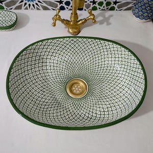 Moroccan Ceramic Basin Sink-Artisan Handcrafted Moroccan Pattern-Green Oval Ceramic Basin Sink-Artisan Design-Handcrafted Bathroom Decor image 4